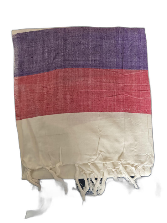 Handcrafted Color-Block Cotton Shawl – Purple, Red & Cream