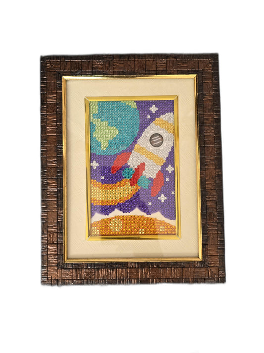 Handmade Beaded Art Frame – Space Rocket & Earth